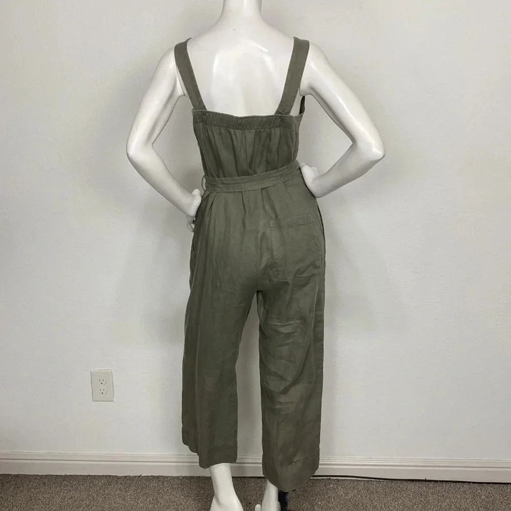 Everlane Olive Green Minimalist Linen Preppy Square Neck Academia Jumpsuit Sz. 2